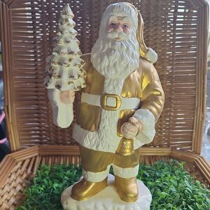 Vintage Matte Gold Tone Santa With Tree & Bell